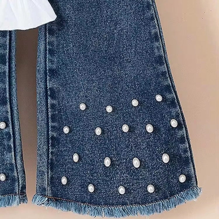 Girls' 3-Piece Denim Flare Pants Set with White Puff Sleeve Shirt & Layered Denim Camisole