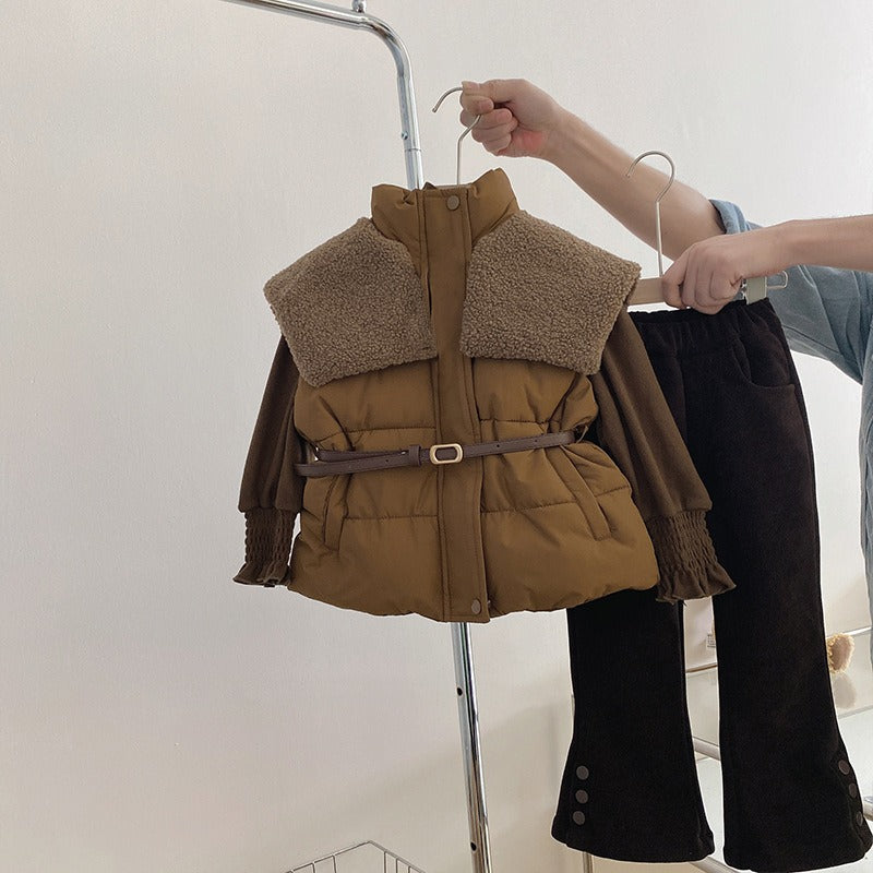 Stylish Winter Outfit for Kids – Puffer Jacket with Belt & Corduroy Pants
