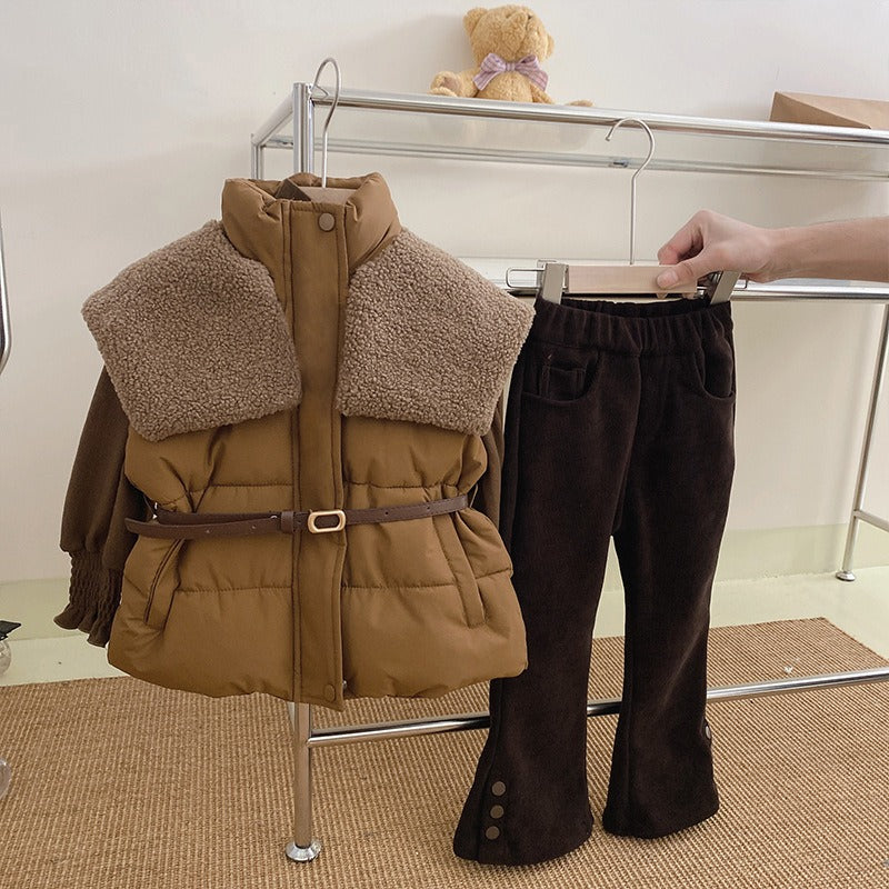 Stylish Winter Outfit for Kids – Puffer Jacket with Belt & Corduroy Pants