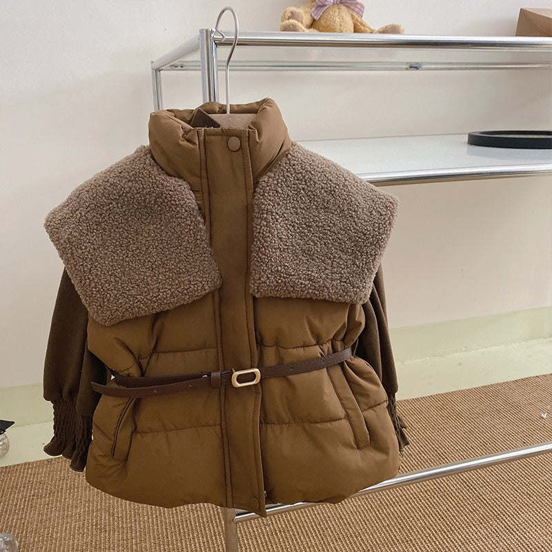 Stylish Winter Outfit for Kids – Puffer Jacket with Belt & Corduroy Pants