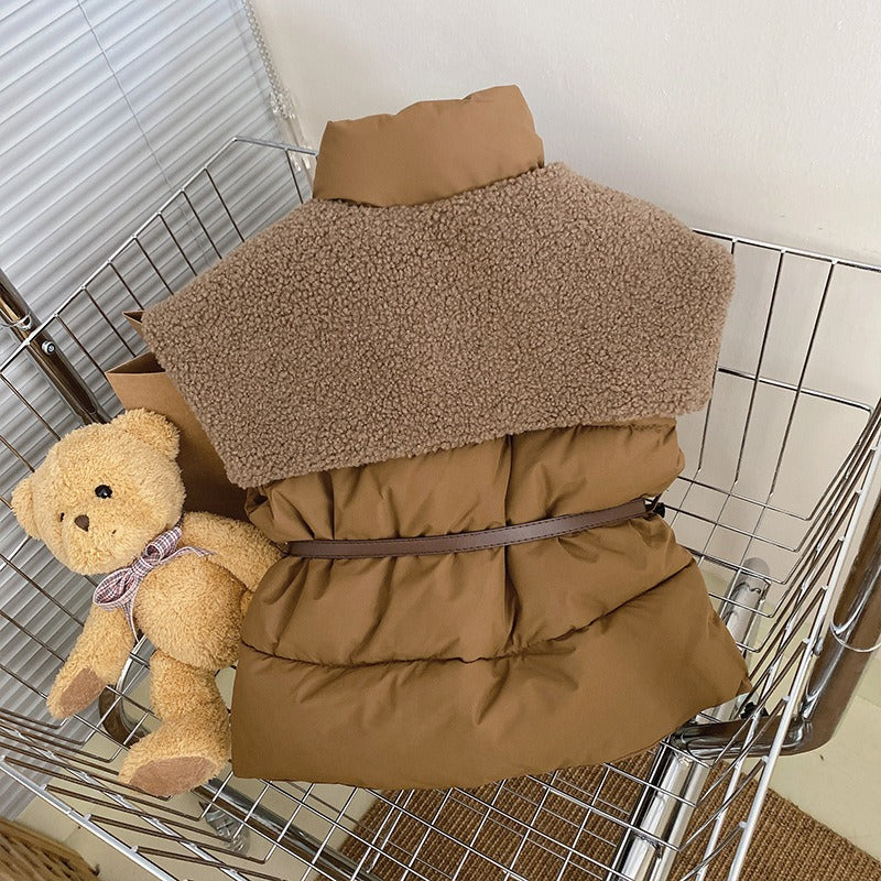 Stylish Winter Outfit for Kids – Puffer Jacket with Belt & Corduroy Pants