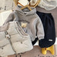 Kids’ Cozy Three-Piece Outfit with Teddy Bear Hooded Sweatshirt, Beige Zip-Up Padded Vest and Black Elastic-Waist Jogger Pants for Everyday Autumn and Winter Style