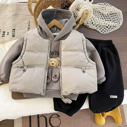 Kids’ Cozy Three-Piece Outfit with Teddy Bear Hooded Sweatshirt, Beige Zip-Up Padded Vest and Black Elastic-Waist Jogger Pants for Everyday Autumn and Winter Style