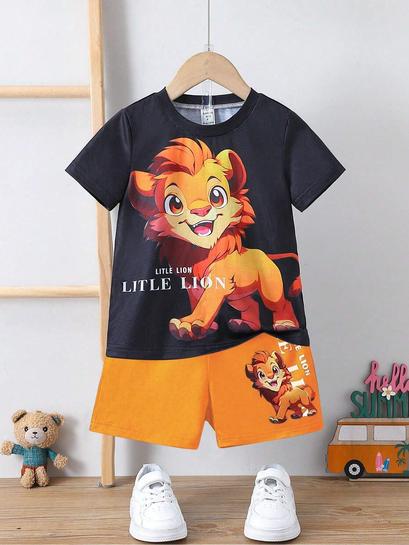 Ensemble de t-shirt à manches courtes à motif de lion de dessin animé pour petits garçons