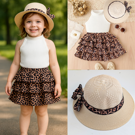 Vintage Leopard Print Kids Outfit – 3-Piece Sleeveless Cotton Set