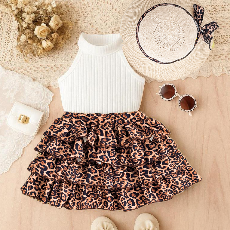 Vintage Leopard Print Kids Outfit – 3-Piece Sleeveless Cotton Set