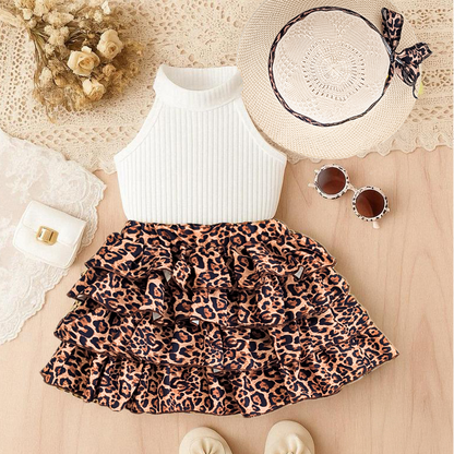 Vintage Leopard Print Kids Outfit – 3-Piece Sleeveless Cotton Set