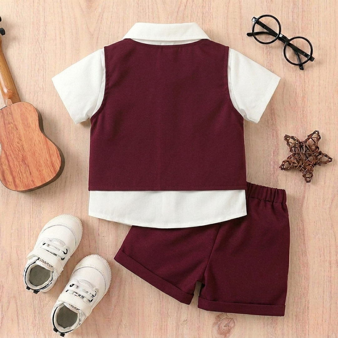 Boys Formal Outfit Set – Elegant Shirt, Vest & Shorts with Bow Tie