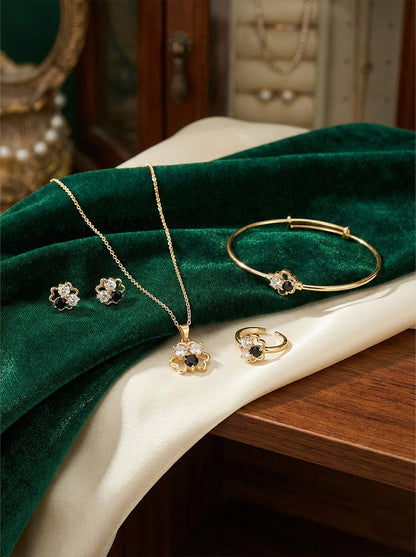 Anti-Tarnish Gold Four-Leaf Clover Jewelry Set – Non-Oxidizing, Long-Lasting Color with Black & Clear CZ Stones (5 Pcs Set)