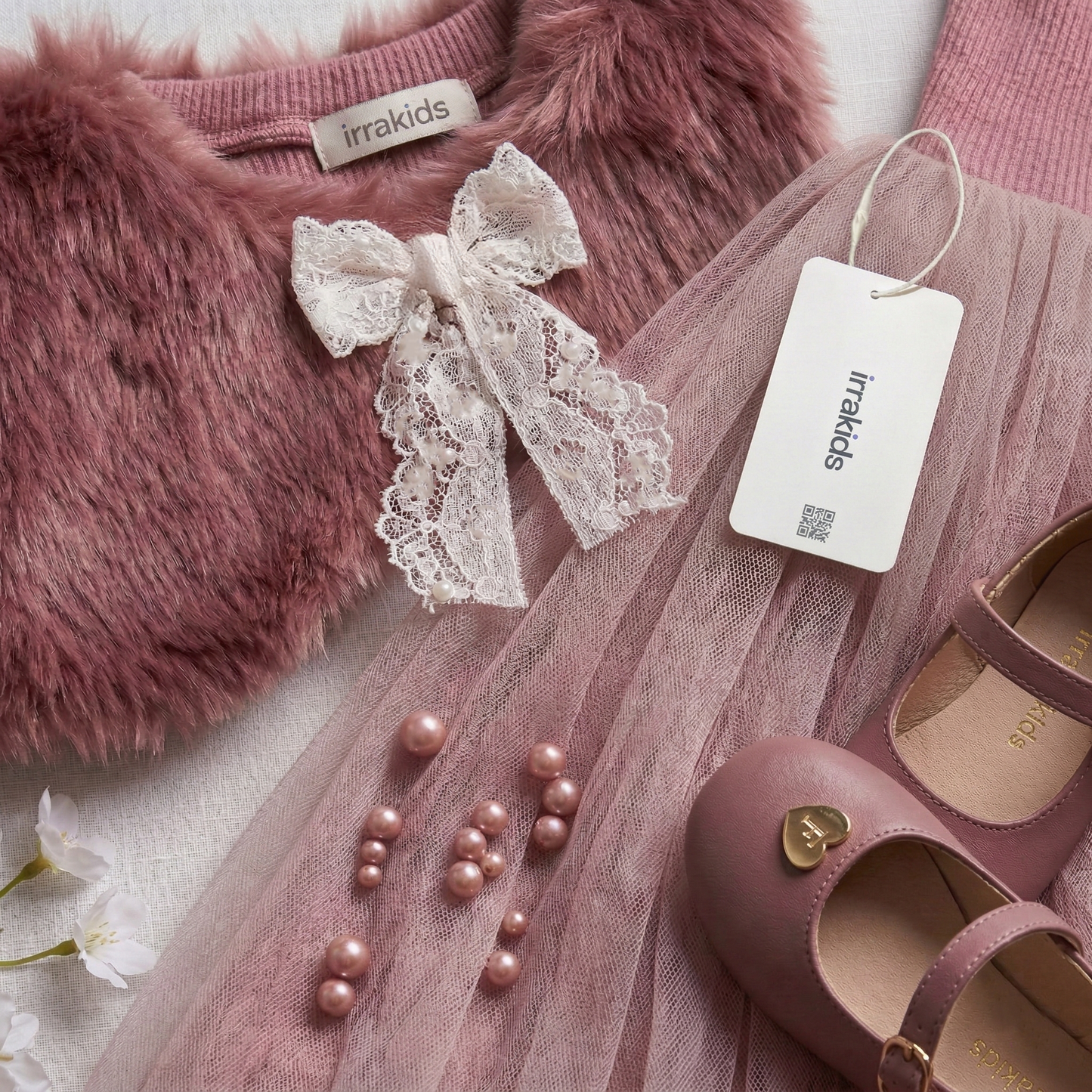 Ensemble 2 pièces pour fille : robe en tulle rose poudré enchanté et gilet en fausse fourrure