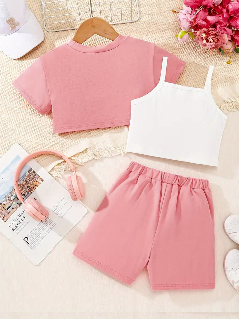 Tenue d'été 3 pièces Disney Stitch pour fille : ensemble haut court, débardeur et short pour s'amuser en plein air et se détendre.