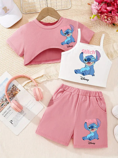 Tenue d'été 3 pièces Disney Stitch pour fille : ensemble haut court, débardeur et short pour s'amuser en plein air et se détendre.