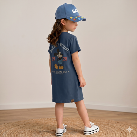 Pure Cotton Girls long shirt– Cartoon Summer home and out Dress with a matching hat