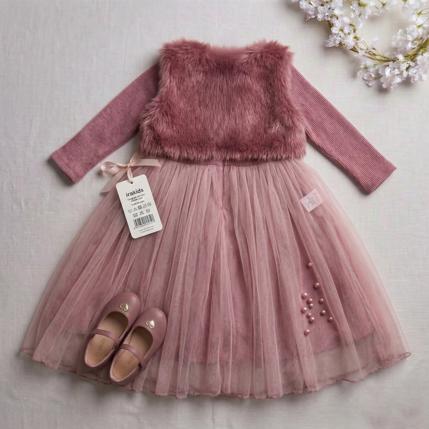Ensemble 2 pièces pour fille : robe en tulle rose poudré enchanté et gilet en fausse fourrure