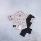 Kids 3Piecs boys set with a t-shirt and patterned top with buttons and a black jeans pants - IRRAKIDS