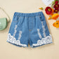 Two Pcs Flounce Sleeveless White Tee and Lace Design Ripped Denim Shorts Set - IRRAKI