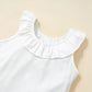 Two Pcs Flounce Sleeveless White Tee and Lace Design Ripped Denim Shorts Set - IRRAKI