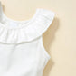 Two Pcs Flounce Sleeveless White Tee and Lace Design Ripped Denim Shorts Set - IRRAKI