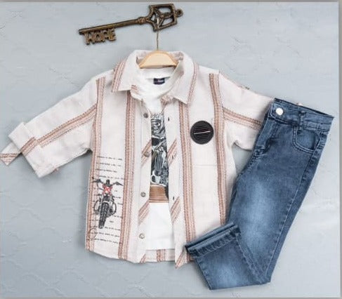 Ensemble de mode pour enfants Triple Threat : jean, t-shirt imprimé cool et haut boutonné tendance